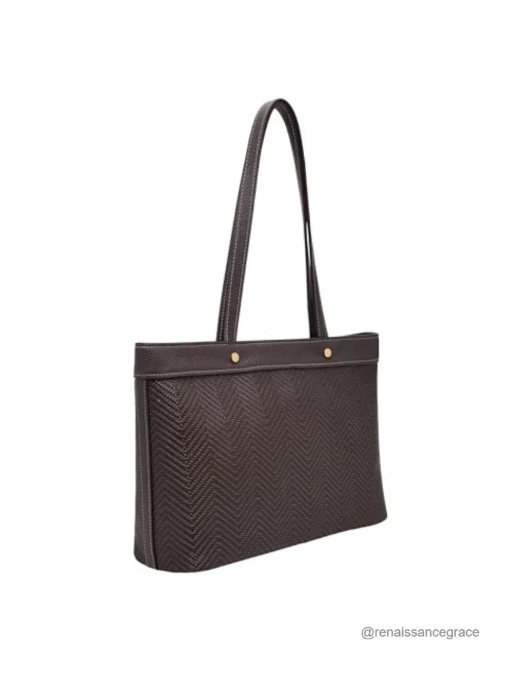 Woven Leather Trim Tote Bag with Laptop Compartment, Shoulder Strap, Zipper